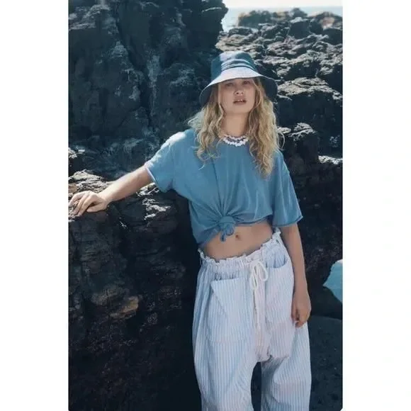 New Sz XS Free People Runyon Oversize Stripe Pant Harem Pale Blue Drawstring - Picture 2 of 9